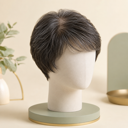 Short salt-and-pepper monofilament cranial prosthesis
